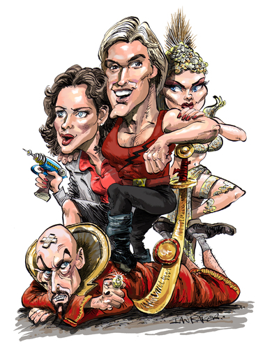 Cartoon: Flash Gordon (medium) by Ian Baker tagged ian,baker,cartoon,cartoonist,caricature,tv,film,sci,fi,flash,gordon,space,sam,jones,melody,anderson,ornella,muti,max,von,sydow,eighties,queen,sexy,hero,ming,the,merciless,dale,arden,princess,aura