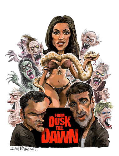 Cartoon: From Dusk Till Dawn (medium) by Ian Baker tagged from,dusk,till,dawn,quentin,tarantino,george,clooney,danny,trejo,salma,hayek,juliette,lewis,harvey,keitel,fred,williamson,cheech,marin,tom,savini,robert,rodriguez,ian,baker,cartoon,caricature,horror,movie,film,vampires,monsters,mexico,strippers,gecko,violence,scary