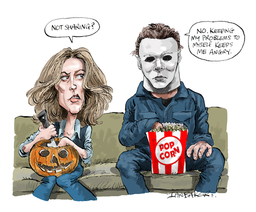 Cartoon: Halloween (medium) by Ian Baker tagged halloween,horror,slasher,fall,jamie,lee,curtis,michael,myers,laurie,strode,film,movie,70s,mask,william,shatner,popcorn,pumpkin,ian,baker,cartoon,caricature,parody,spoof,illustration,franchise,evil,the,shape