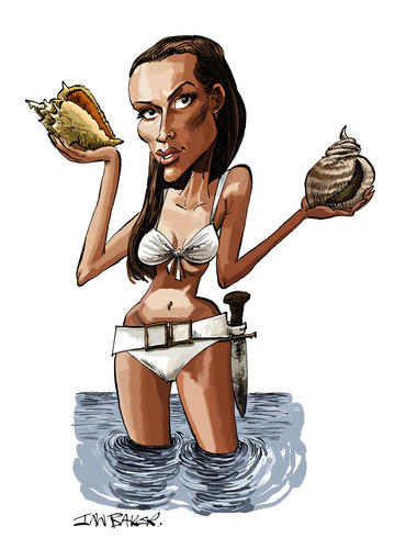 Cartoon: Honey Ryder (medium) by Ian Baker tagged honey,ryder,ursula,andress,dr,no,james,bond,007,spy,sixties,bikini,shell,caricature,sea,beach,girl