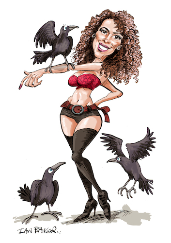 Cartoon: Jannett Mendoza (medium) by Ian Baker tagged jannett,mendoza,magic,fashion,model,glamour,mystery,stage,performer,ian,baker,cartoon,caricature,entertainment,ravens,birds