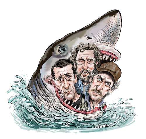 Cartoon: Jaws (medium) by Ian Baker tagged jaws,spielberg,peter,benchley,roy,scheider,robert,shaw,richard,dreyfuss,brodie,shark,quint,hooper,amity,horror,thriller,ian,baker,cartoon,caricature,spoof,parody,satire,illustration,70s,water,beach,coast,attack