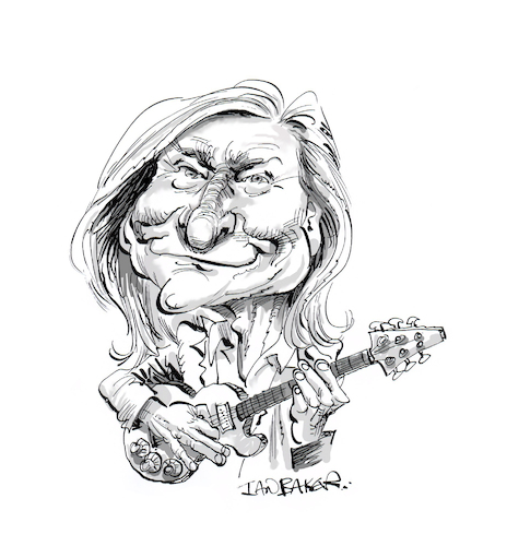 Cartoon: Joe Walsh (medium) by Ian Baker tagged joe,walsh,eagles,singer,song,writer,guitar,guitarist,musician,70s,80s,90s,james,gang,band,group,ian,baker,cartoon,caricature,illustration,drawing,satire,spoof,parody