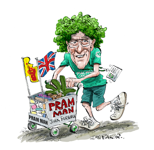 Cartoon: John Birkhill Pram Man! (medium) by Ian Baker tagged john,birkhill,man,with,the,pram,charity,fundraiser,sheffield,south,yorkshire,england,uk,wig,macmillan,cancer,support,good,deeds,money,ian,baker,cartoon,caricature,parody,illustration,drawing,tribute,elderly