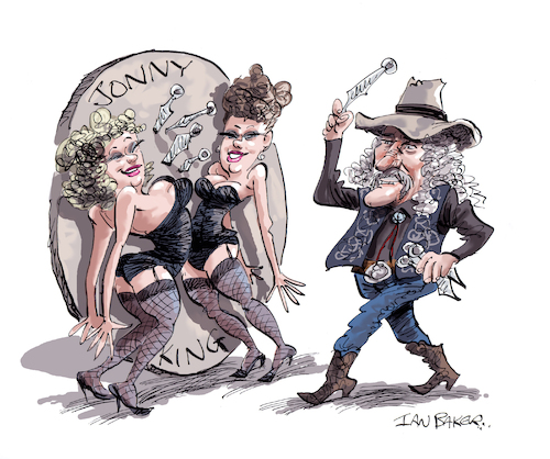 Cartoon: Jonny King knife thrower (medium) by Ian Baker tagged jonny,king,knife,thrower,magic,carnival,fair,circus,ian,baker,cartoon,caricature,parody,spoof,satire,illustration,the,secret,cabaret,show,girls,lingerie,knives,blades,cowboy,novelty,90s