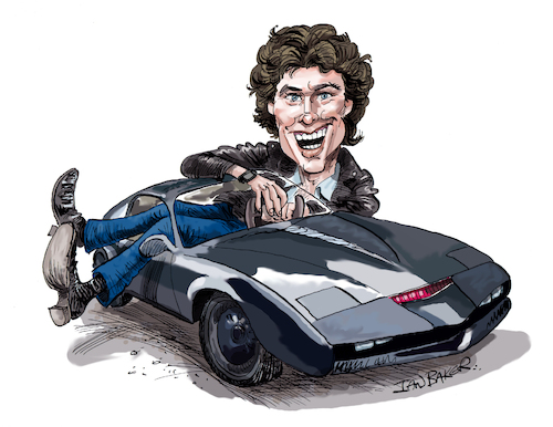 Cartoon: Knight Rider (medium) by Ian Baker tagged knight,rider,david,hasselhoff,edward,mulhare,rebecca,holden,patricia,mcpherson,bonnie,april,devon,miles,michael,kitt,industries,car,ian,baker,cartoon,caricature,spoof,parody