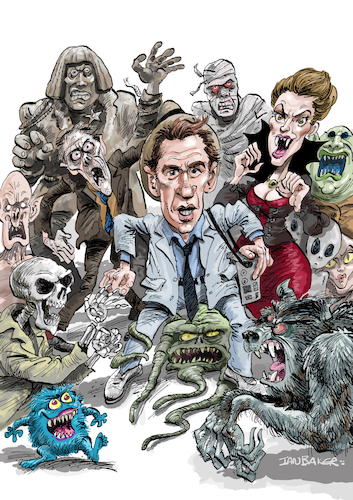 Cartoon: Kolchak the Night Stalker (medium) by Ian Baker tagged kolchak,carl,the,night,stalker,darren,mcgavin,ian,baker,caricature,cartoon,spoof,parody,illustration,reporter,america,1970s,creatures,monsters,myths,creepy,paranormal,scary,halloween