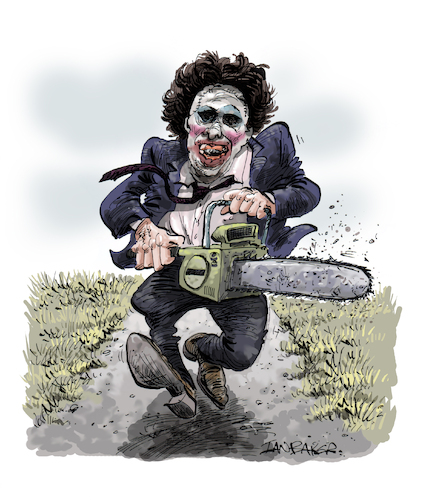 Cartoon: Leatherface (medium) by Ian Baker tagged leatherface,gunnar,hanson,texas,chainsaw,massacre,scary,70s,tobe,hooper,ian,baker,caricature,cartoon,illustration,satire,parody,running