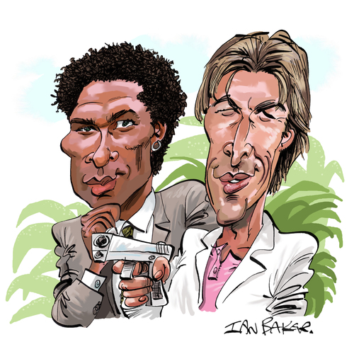 Cartoon: Miami Vice (medium) by Ian Baker tagged miami,vice,caricature,don,johnson,philip,michael,thomas,eighties,80s,mann