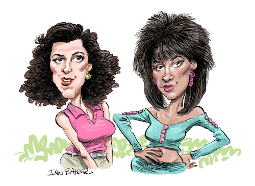 Cartoon: Miami Vice Gina and Trudy (medium) by Ian Baker tagged ian,baker,cartoon,caricature,miami,vice,tv,action,gina,calabrese,trudy,joplin,saundra,santiago,olivia,brown,don,johnson,philip,michael,thomas,famous,celebrity,tropical,sexy