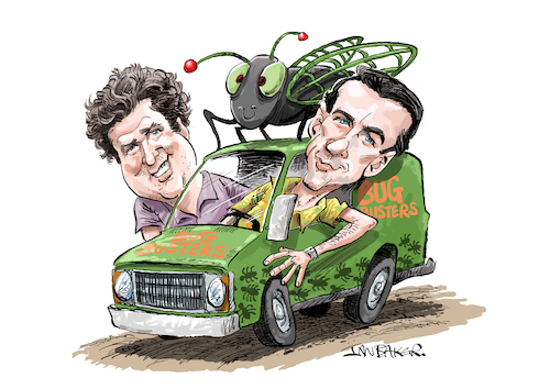 Cartoon: Miami Vices Zito and Switek (medium) by Ian Baker tagged miami,vice,tv,action,crime,law,80s,ian,baker,cartoon,caricature,famous,larry,zito,stan,switek,john,diehl,michael,talbott,don,johnson,philip,thomas,dodge,van,bugs