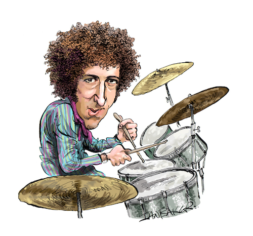 Cartoon: Mitch Mitchell (medium) by Ian Baker tagged mitch,mitchell,jimi,hendrix,noel,redding,experience,60s,sixties,music,rock,drums,drummer,purple,haze,ian,baker,cartoon,caricature,spoof,parody,satire,psychadelic,groovy,afro