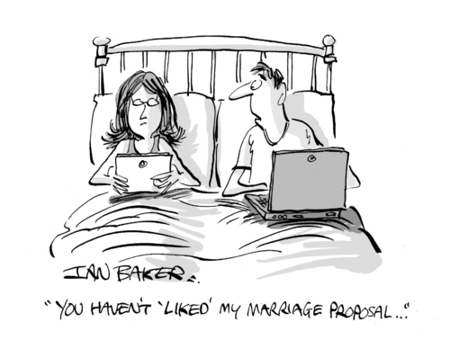 Cartoon: Modern technology (medium) by Ian Baker tagged ian,baker,gag,cartoon,magazine,private,eye,couple,man,woman,bed,computer,laptop,tablet,ipad,status,social,media,facebook,twitter,marriage,ignore,argument