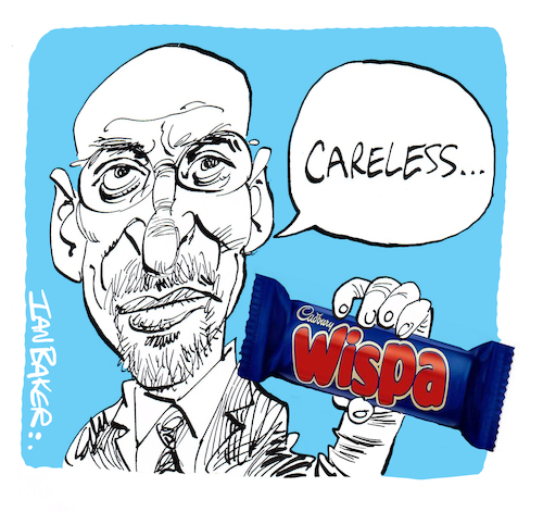 Cartoon: Nadhim Zahawi (medium) by Ian Baker tagged nadhim,zahawi,ian,baker,caricature,cartoon,wispa,whisper,careless,politics,cabinet,conservatives,tory,mp,minister,taxes,tax,payments,scandal