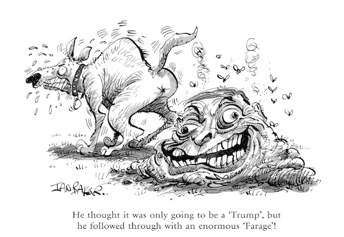 Cartoon: Nigel Farage Shit (medium) by Ian Baker tagged nigel,farage,reform,donald,trump,republicans,politics,hatred,racism,fascism,white,supremacy,satire,gag,cartoon,parody,humour,shit,poo,poop,dog,dogs,ian,baker,caricature