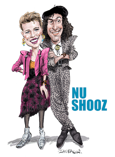 Cartoon: Nu Shooz (medium) by Ian Baker tagged nu,shooz,john,smith,valerie,day,america,80s,usa,music,pop,rock,new,wave,cant,wait,point,of,no,return,ian,baker,cartoon,caricature,spoof,parody,satire,illustration,poolside,album,singles,fashion