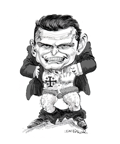 Cartoon: Pete Hegseth (medium) by Ian Baker tagged pete,hegseth,tv,presenter,politician,usa,politics,scandal,secretary,of,defence,donald,trump,administration,waghington,lies,white,supremacy,ian,baker,cartoon,caricature,cartoonist,satire,parody,spoof,illustration,racism,republican