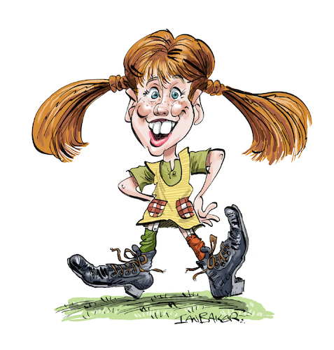 Cartoon: Pippi Longstocking (medium) by Ian Baker tagged pippi,longstocking,langstrump,ian,baker,cartoon,caricature,movie,book,sweden,swedish,kids,astrid,lindgren,inger,nilsson,monkey,horse,60s,publishing,literature