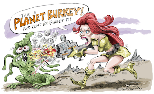 Cartoon: Planet Burkey (medium) by Ian Baker tagged martin,burke,doctor,planet,sci,fi,science,fiction,film,movie,genre,alein,monster,sexy,girl,gun,laser,blast,ian,baker,cartoon,caricature,spoof,parody,humour,comedy,illustration