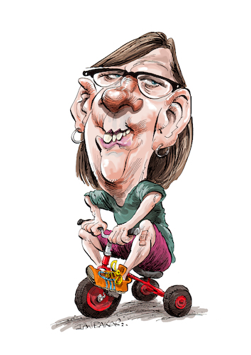 Cartoon: Random Folk (medium) by Ian Baker tagged random,folk,person,woman,ugly,grotesque,bike,bicycle,tricycle,ian,baker,cartoon,caricature,character,parody,spoof,big,head,riding,rider,silly,funny,gag