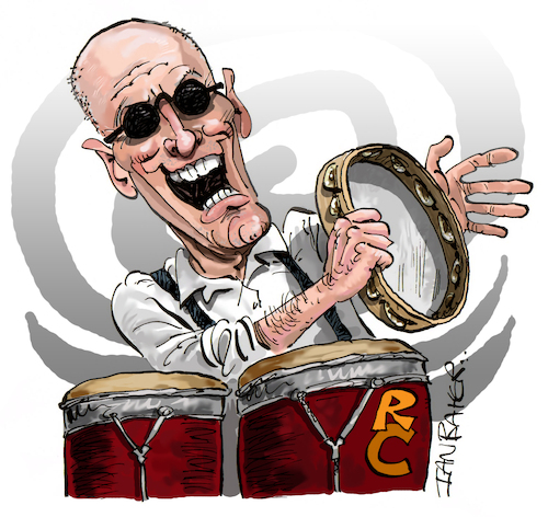 Cartoon: Ray Cooper (medium) by Ian Baker tagged ray,cooper,elton,john,eric,clapton,music,musician,percussion,tambourine,drums,bongos,rock,ian,baker,caricature,cartoon,satire,illustration,parody,portrait,concert