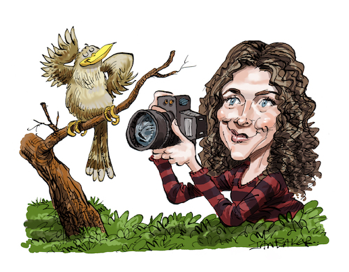 Cartoon: Rochelle Kent Ellis (medium) by Ian Baker tagged rochelle,kent,ellis,wildlife,photographer,photography,bird,nature,ian,baker,cartoon,caricature,satire,parody,spoof,humour,gag