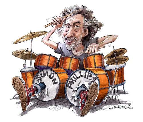 Cartoon: Simon Phillips (medium) by Ian Baker tagged simon,phillips,drummer,musician,music,rock,jazz,drums,session,ian,baker,cartoon,cartoonist,caricature,parody,satire,illustration,drum,kit,70s,60s,80s,90s,converse