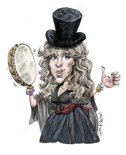 Cartoon: Stevie Nicks (medium) by Ian Baker tagged stevie,nicks,fleetwood,mac,music,60s,70s,80s,90s,rock,blues,top,hat,tambourine,ian,baker,cartoon,caricature,satire,spoof,parody,artwork,illustration,portrait,rumours,tusk