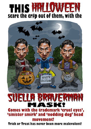 Cartoon: Suella Braverman Halloween Mask (medium) by Ian Baker tagged suella,braverman,mp,tory,conservative,government,england,uk,halloween,mask,trick,or,treat,famous,nasty,evil,spooky,ian,baker,cartoon,caricature,parody,spoof,advert,humour,comedy,pumpkin,bats,kids,children