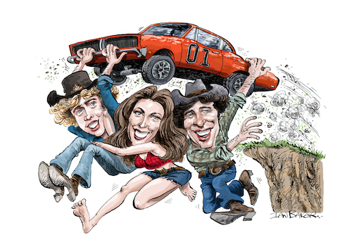 Cartoon: The Dukes of Hazzard (medium) by Ian Baker tagged the,dukes,of,hazzard,tom,wopat,john,schneider,catherine,bach,general,lee,bo,luke,daisy,duke,uncle,jesse,boss,hogg,ian,baker,cartoon,caricature,parody,80s,70s,tv,stunts,satire