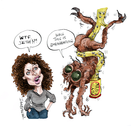 Cartoon: The Fly (medium) by Ian Baker tagged the,fly,seth,brundle,geena,davis,horror,movie,80s,insect,teleport,ian,baker,cartoon,caricature,spoof,parody,illustration,comic,jeff,goldblum,david,cronenberg