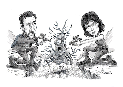 Cartoon: The Gorge (medium) by Ian Baker tagged the,gorge,miles,teller,levi,kane,anna,taylor,joy,drasa,sci,fi,science,fiction,horror,monsters,creatures,movie,film,2025,ian,baker,cartoonist,cartoon,caricature,illustration,parody,spoof,satire,sigourney,weaver,evil