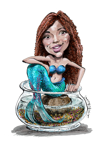 Cartoon: The Little Mermaid (medium) by Ian Baker tagged the,little,mermaid,halle,bailey,ian,baker,cartoon,caricature,parody,spoof,satire,water,sea,fantasy,film,movie,hans,christian,andersen,ariel,hair,cryptozoology,disney