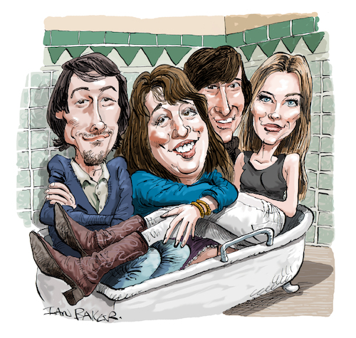 Cartoon: The Mamas and the Papas (medium) by Ian Baker tagged the,mamas,and,papas,michelle,phillips,cass,elliot,john,denny,doherty,musicians,band,pop,folk,ian,baker,cartoon,caricature,spoof,parody,illustration,california,dreaming,bath,bathroom,songs