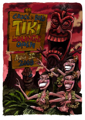 Cartoon: Tiki Poster (medium) by Ian Baker tagged tiki,hula,girl,gods,tropical,island,sunset,poster,retro