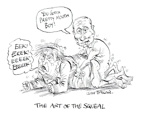 Cartoon: Trump and Putin (medium) by Ian Baker tagged donald,trump,president,usa,america,right,wing,deliverance,film,movie,bottom,ian,baker,cartoonist,cartoon,parody,illustration,gag,satire,spoof,politics,republicans,maga,vladimir,putin,russia,moscow,washington,dictator