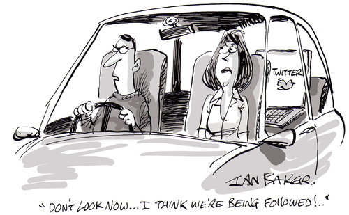 Cartoon: Twitter (medium) by Ian Baker tagged twitter,follow,followed,car,couple,drive,social,networking,new,media,internet,ian,baker,cartoon,gag,road,facebook