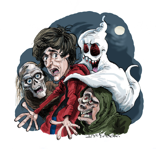 Cartoon: Uncanny with Danny Robbins (medium) by Ian Baker tagged uncanny,uk,spooky,scary,horror,paranormal,danny,robbins,presenter,ghosts,halloween,supernatural,entities,dread,investigation,ian,baker,cartoonist,cartoon,caricature,artwork,illustration,satire,parody,humour,comedy,bbc,strange,podcast,skeleton