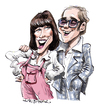 Cartoon: Elton John and Kiki Dee (small) by Ian Baker tagged elton,john,kiki,dee,music,pop,seventies,70s,ian,baker,caricature,rocket,records,dont,go,breaking,my,heart,number,one,style,clothes,fashion