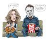 Cartoon: Halloween (small) by Ian Baker tagged halloween,horror,slasher,fall,jamie,lee,curtis,michael,myers,laurie,strode,film,movie,70s,mask,william,shatner,popcorn,pumpkin,ian,baker,cartoon,caricature,parody,spoof,illustration,franchise,evil,the,shape