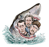 Cartoon: Jaws (small) by Ian Baker tagged jaws,spielberg,peter,benchley,roy,scheider,robert,shaw,richard,dreyfuss,brodie,shark,quint,hooper,amity,horror,thriller,ian,baker,cartoon,caricature,spoof,parody,satire,illustration,70s,water,beach,coast,attack