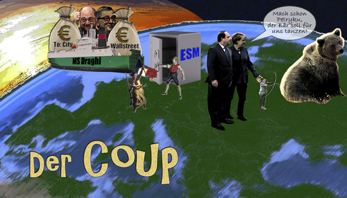 Cartoon: Der Coup (medium) by Bilito tagged selbstbediehnung,verlierer,gewinner,wallstreet,city,euro,coup,diebstahl,raub,michel,marianne,poroschenko,ukraine,russland,putin,esm,europa,schulz,juncker,draghi,hollande,merkel