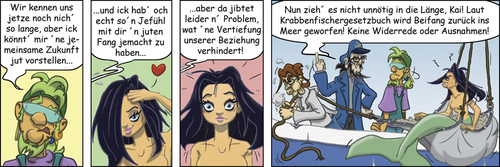 Cartoon: Beifang (medium) by florianolgi tagged krabbenjunx,krabben,fischen,kapitän,olgi,ole,hering,kai,matjes,florian,metzner,windnase,meerjungfrau,beifang,girl,love,liebe,beziehung,nordsee,meer,kutter,mermaid