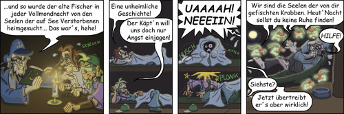 Cartoon: Heimsuchung - Krabbenjunx (medium) by florianolgi tagged krabbenjunx,florian,metzner,ole,hering,kai,matjes,käptn,olgi,kutter,krabben,windnase,geist,gespenst,seele,heimsuchung,spuk