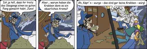 Cartoon: Krabbenjunx - Aroma (medium) by florianolgi tagged krabbenjunx,ole,hering,kai,matjes,käptn,olgi,windnase,krabben,kutter,wind,sturm,meer,kotzen,übelkeit,seekrank,möwe,seagull,seasick,florian,metzner