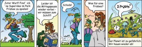 Cartoon: Krabbenjunx - Frisbee (medium) by florianolgi tagged frisbee,comic,strip,schiff,krabbenjunx,florian,metzner,ole,hering,kai,matjes,olgi,aliens