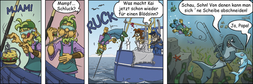 Cartoon: Krabbenjunx - Köder (medium) by florianolgi tagged comic,comicstrip,graphicnovel,illustration,character,cartoon,joke,humor,funny,witz,gag,spaß,zeichnen,drawing,sketch,painting,krabbenjunx,ole,hering,kai,matjes,olgi,käptn,underwater,unterwasser,meeresgerund,meer,tauchen,fischen,krabben,fishing,köder,bait,hai,shark,sharks,haie