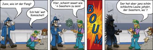 Cartoon: Seestern - Krabbenjunx (medium) by florianolgi tagged comic,comicstrip,seestern,olgi,kai,matjes,ole,hering,krabben,krabbenjunx,mine,metzner,schiff,fang,explosion,wassermine,bombe,florian