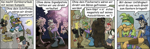 Cartoon: Survivalguide (medium) by florianolgi tagged krabbenjunx,florian,metzner,olgi,kai,ole,matjes,hering,krabben,fischen,fischer,grizzly,bär,bear,climbing,berg,signal,pistole,gun,net