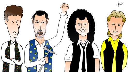 Cartoon: Queen (medium) by gustavomchagas tagged rock,english,band,taylor,roger,may,brian,deacon,john,mercury,freddie,queen